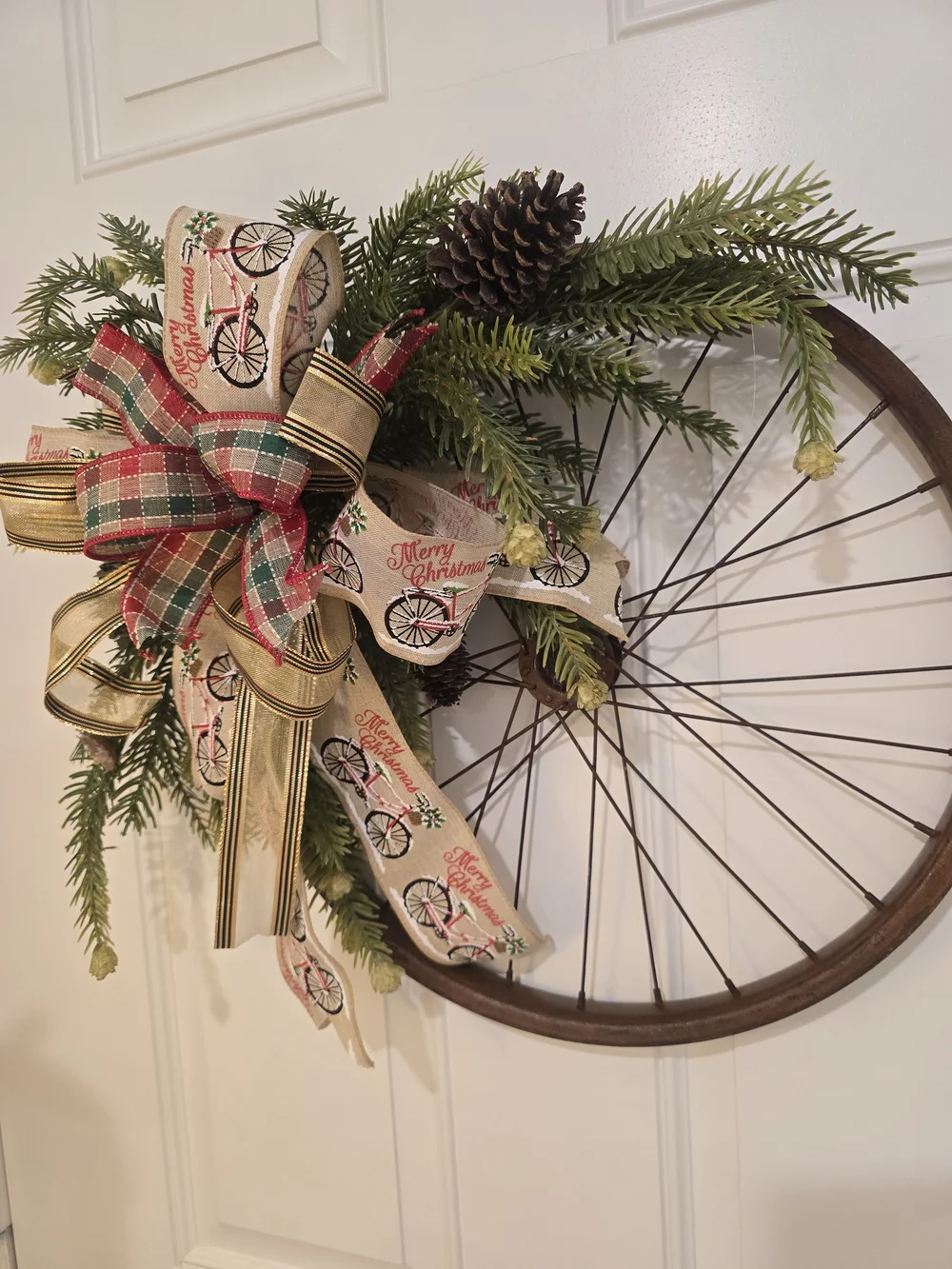 Festive Green and Red Bicycle Wheel Holiday Wreath Winter Christmas